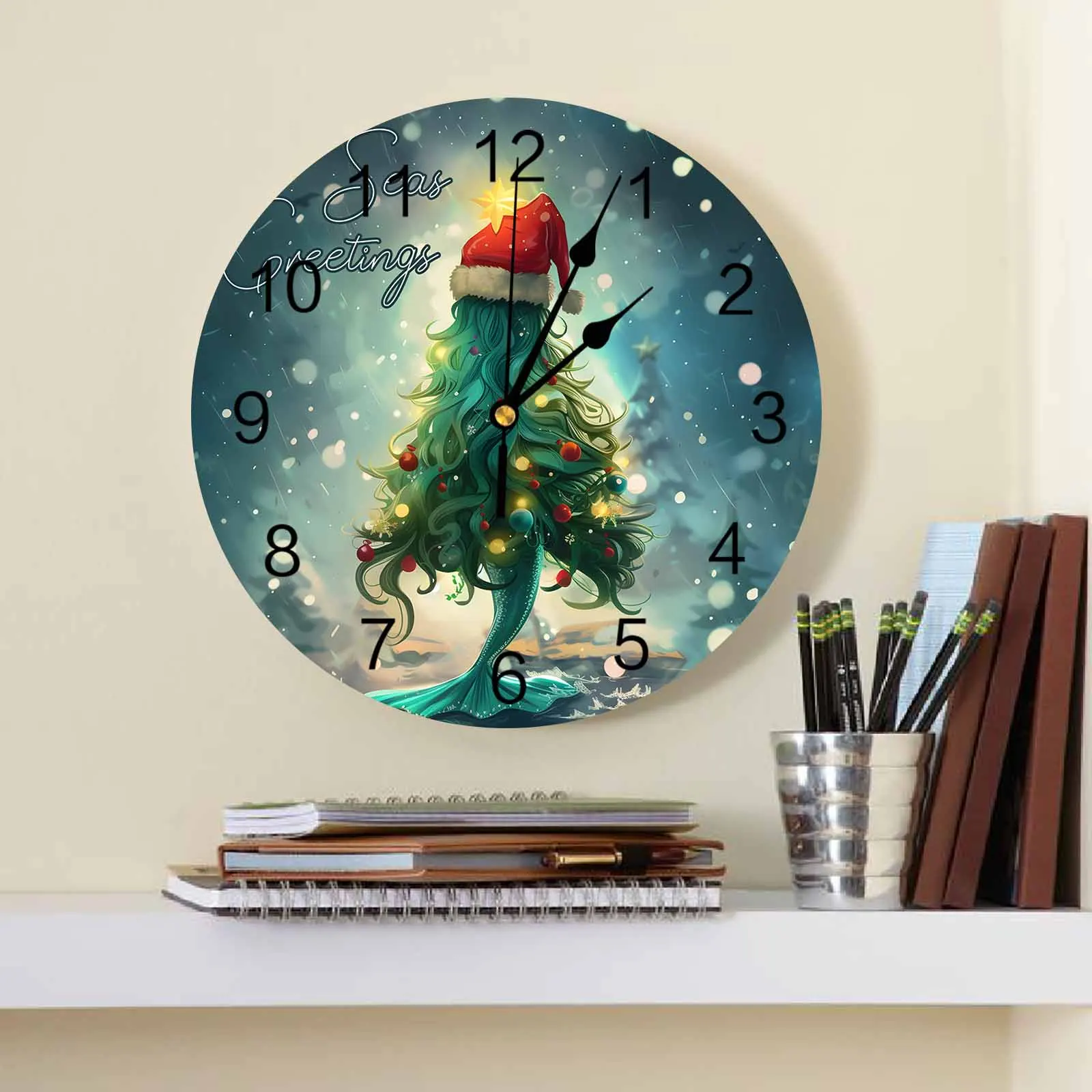 

Christmas Mermaid Christmas Tree Lights Wall Clock Large Modern Kitchen Dinning Round Wall Clocks Bedroom Silent Hanging Watch