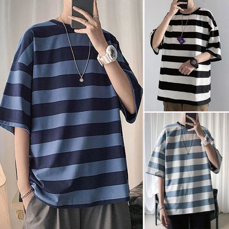 Men's Striped Short-sleeved T-shirt Half-sleeved Round Neck Summer Loose Personality Fashion Casual Plus Size Tops Tees