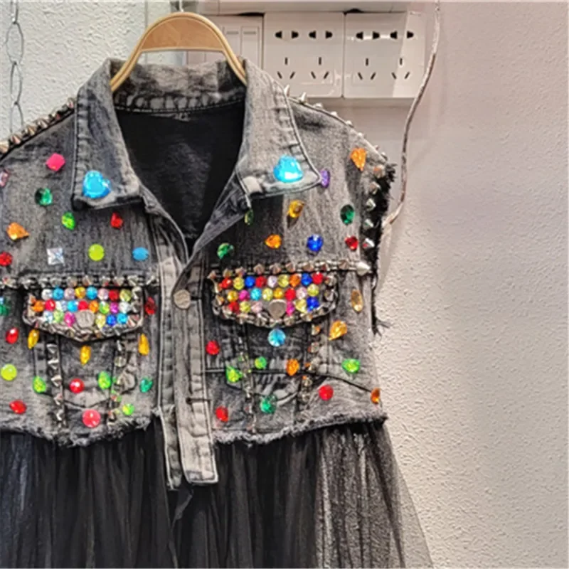 

Diamonds Pocket Mesh Splicing Denim Vest Women Slim Frayed Cowboy Waistcoat Sleeveless Dark Gray Jeans Jacket Female Streetwear
