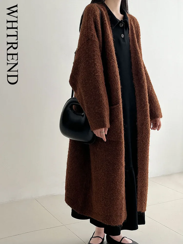 

WHTREND мягкий шерстяной вязаный длинный кардиган для женщин, осенний новый корейский стиль, толстый свитер, пальто WH1686