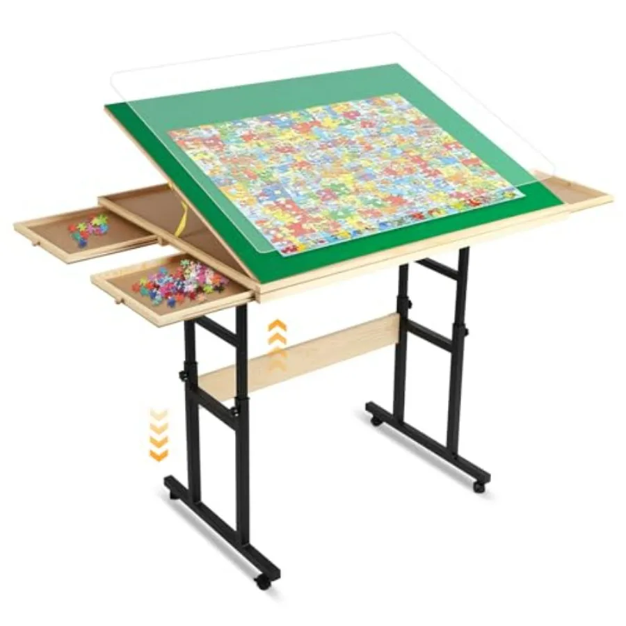 

Jigsaw Puzzle Table with Legs, Adjustable Height 4 Storage Drawers, to Adults Puzzle Board with Locking Wheels, Angle Tilt Cove