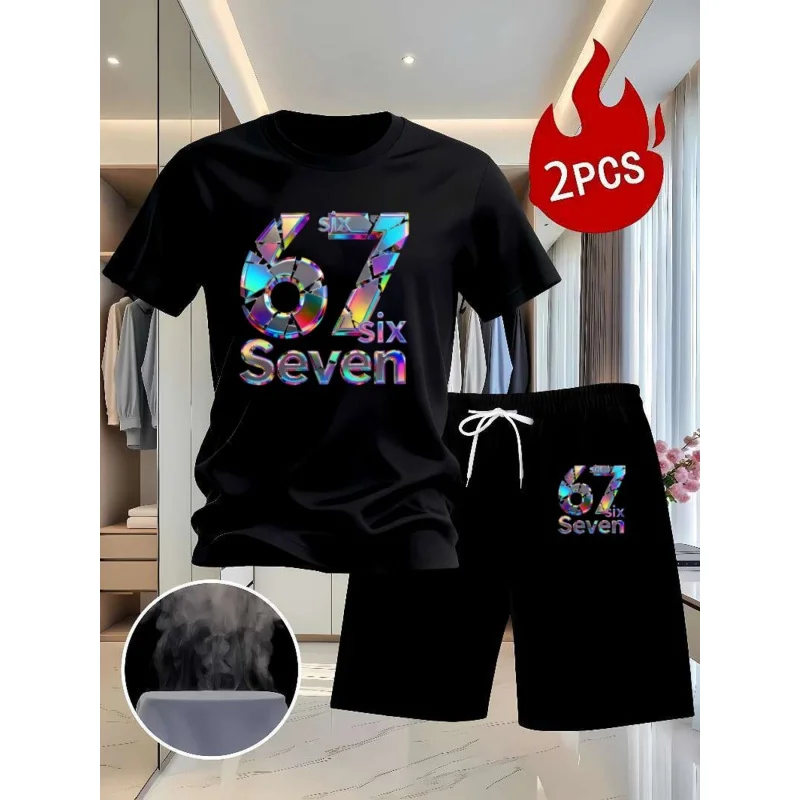 

2-piece white T-shirt and black shorts set, Rainbow 67 design, colorful pattern T-shirt, daily casual fashion set