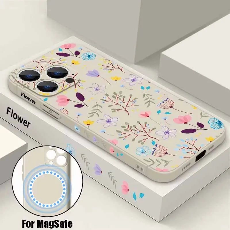 Flowers Print Pattern Phone Case For iPhone 17e 17 16 15 14 13 12 Pro Max 11 16e Air Magnetic For Magsafe Wireless Charge Cover