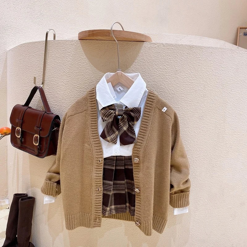 Girls' Autumn Fashionable JK School Uniform Set Cotton Knitted Shirt Skirt Three-piece Ensemble Pure Color Single Button Closure
