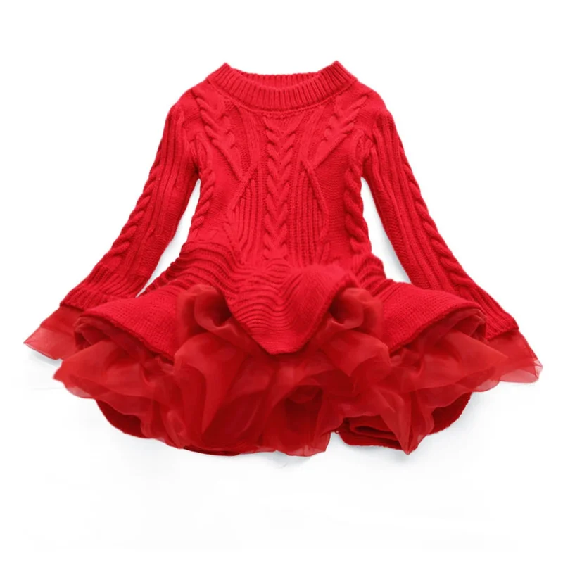 Ragazze rosso natale manica lunga abiti a maglia testimone caldo festa di compleanno volant principessa costume bambini Vestido