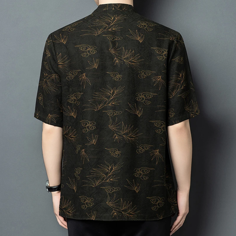 Luxury Genuine Silk 100% Shirts For Men Short Sleeve Frog Button Summer Top Quality Satin Lightweight Jacquard Camisas De Hombre