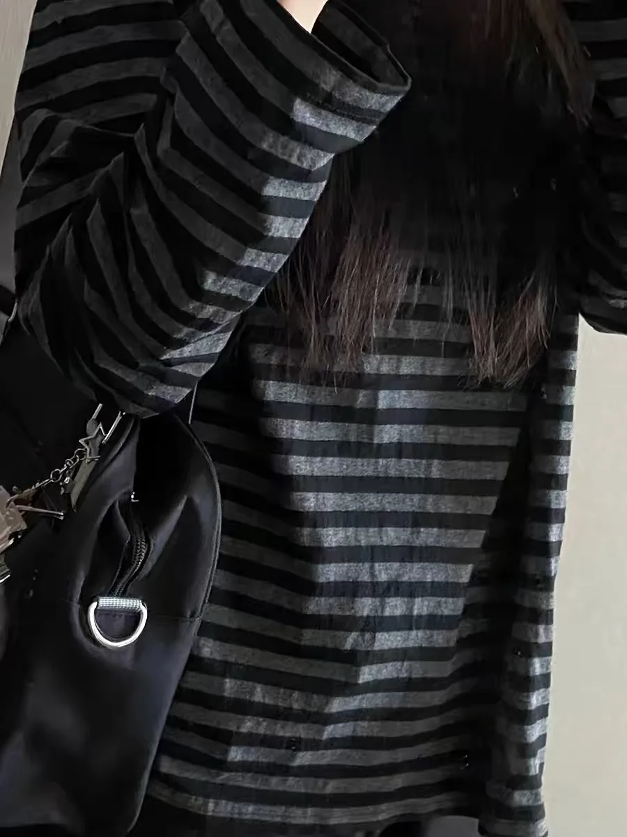 Loose Fit Women's Long Sleeve Striped T-Shirt American Retro Grey Checkered Base Layer Shirt Winter New Style Casual Top
