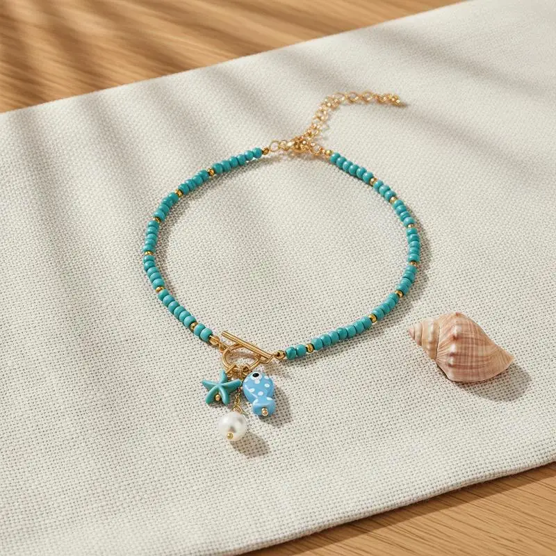 Böhmische, meeresinspirierte Keramik-Fisch-Seestern-Anhänger-Halskette, bunte Perlen, Keramikketten-Armband, Sommer-Ozean-Strand-Schmuck – Detail 13