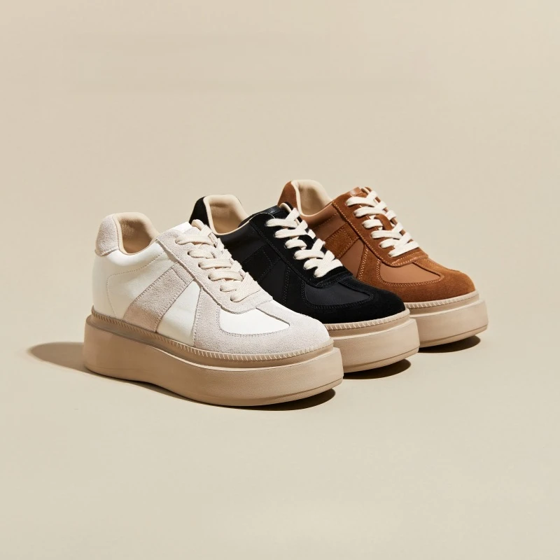 Echt leer binnenhoogte toenemende Duitse trainingsschoenen dames Forrest Gump schoenen met dikke zolen sportplankschoenen