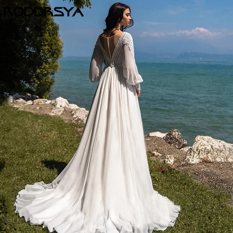 RODDRSYA-Robe de mariée trapèze en mousseline de soie pour femme, élégante robe de patients en dentelle, sur mesure, manches bouffantes, style bohème, 2024 Boho A ligne robe de mariée Femme en neige à manches lâches ve