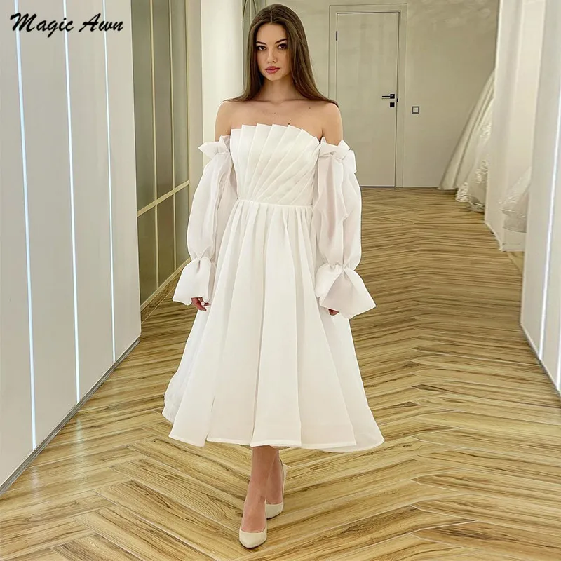 Magic Awn Boho Organza suknie ślubne Off The Shoulder Puffy długi rękaw sznurowane powrót Tea-Length suknie ślubne dla kobiet Vestido