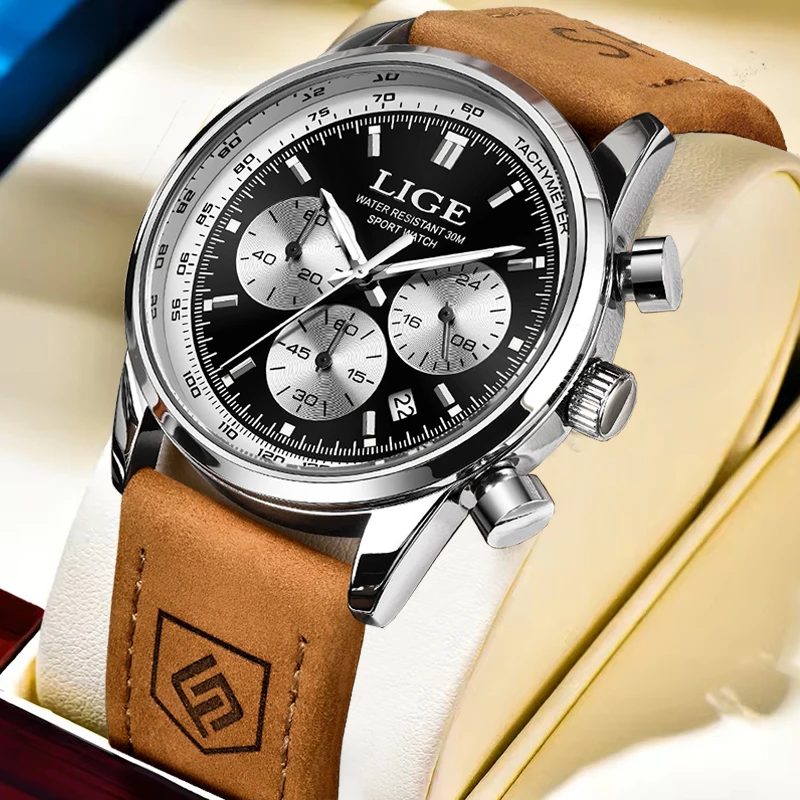 

LIGE Men Watch Fashion Military Sports Chronograph Luminous Men's Quartz Watches Waterproof Leather Date Wristwatch Man Clock