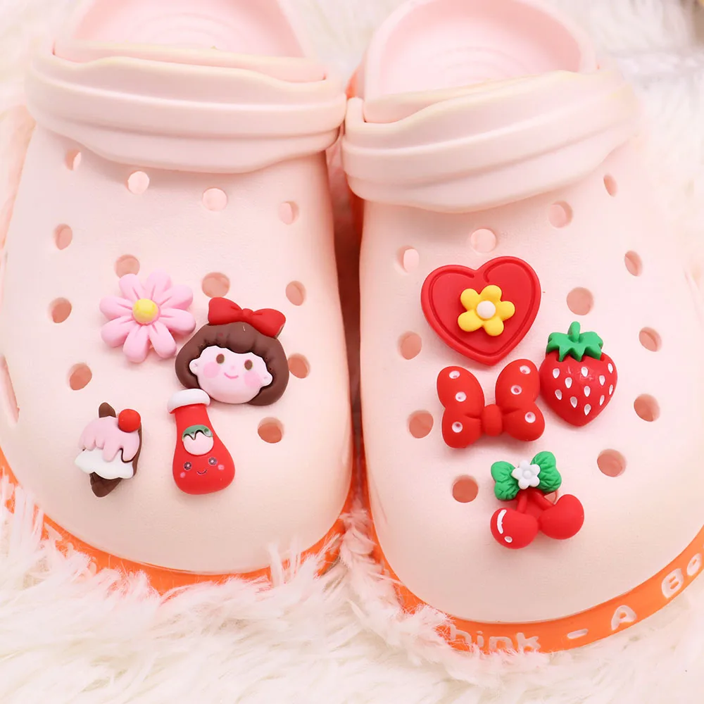 

Mix 50pcs Resin Red Series Girl Strawberry Cherry Flower Ice Cream Heart Children Sandals Shoe Buckle Fit Backpack Decoration