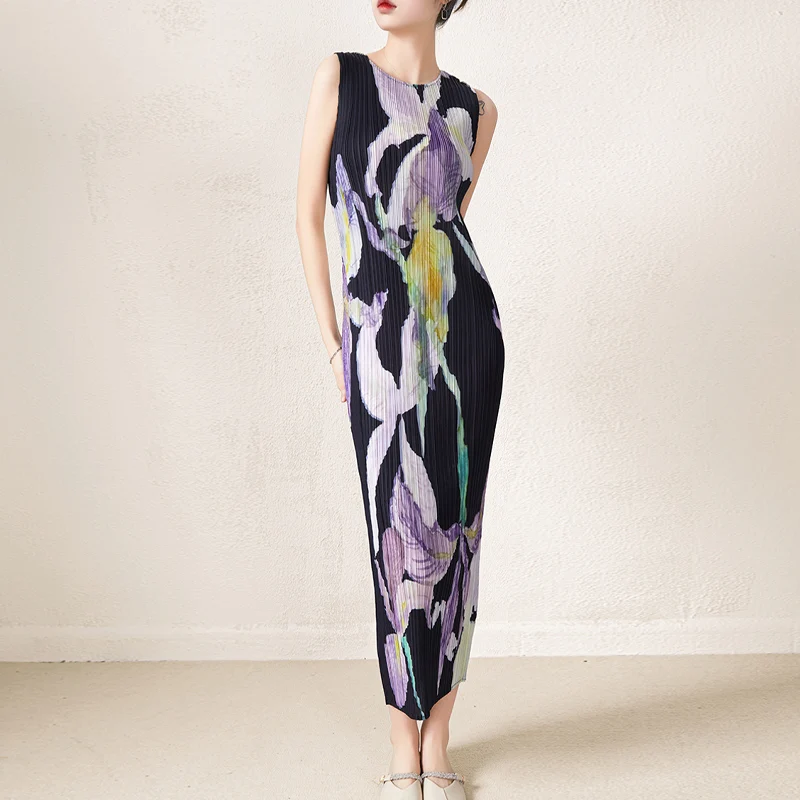 High Quality Miyake Clothing Manufacturers Custom Pleated Printed Dress Woman Casual Style Pencil Dress
