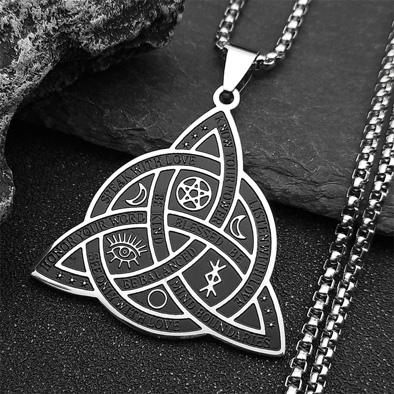 Witch Triquetra Trinity Celtic Knot Necklace Stainless Steel Pentagram Triple Moon Goddess Necklaces Jewelry collar N3406S02