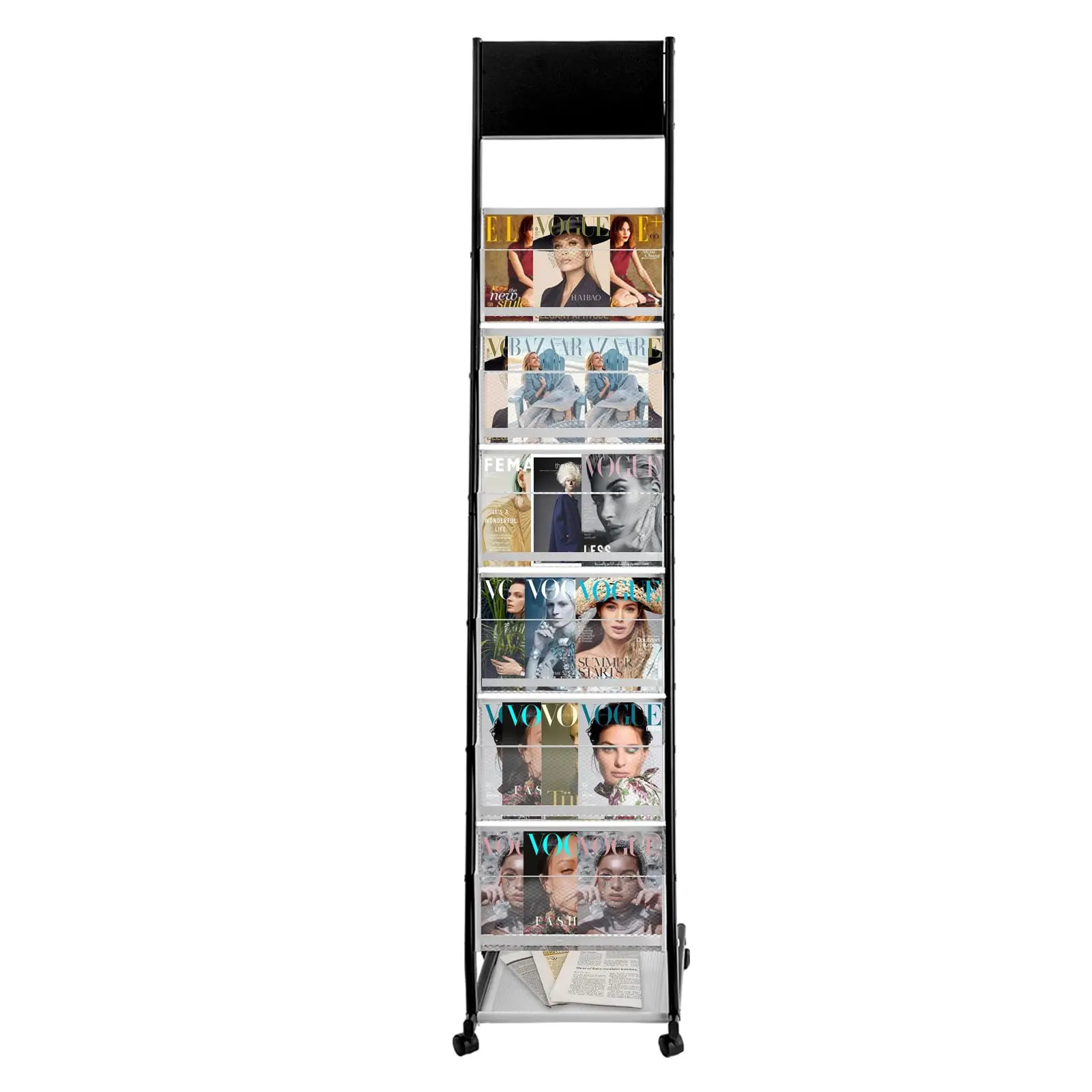 6-Tier Rolling Magazine Display Rack with Mesh Baskets, Iron Floor Standing Brochure Literature Stand Magazine Holders