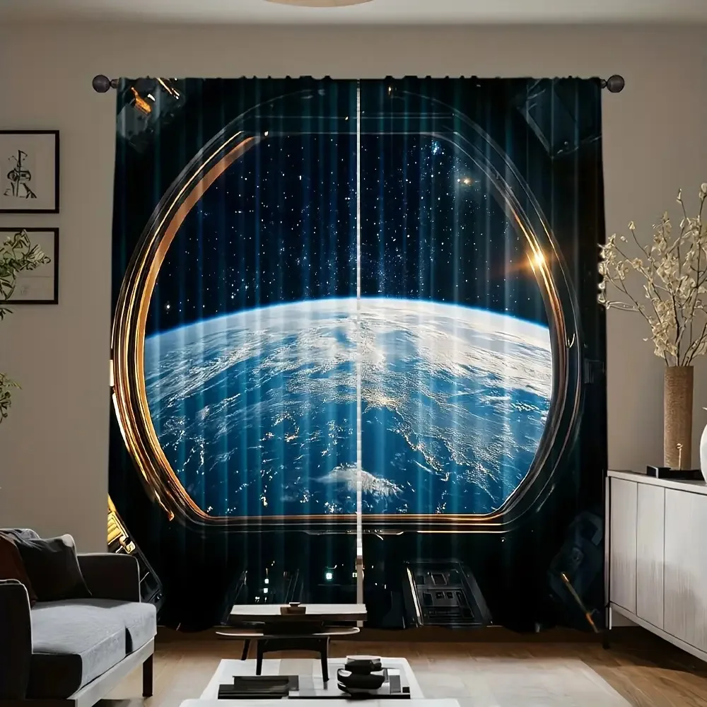2pcs Space-Themed Curtains - Blackout Light Filtering Window Drapes with Earth View, Stars & Planets, Machine Washable Rod Pocke