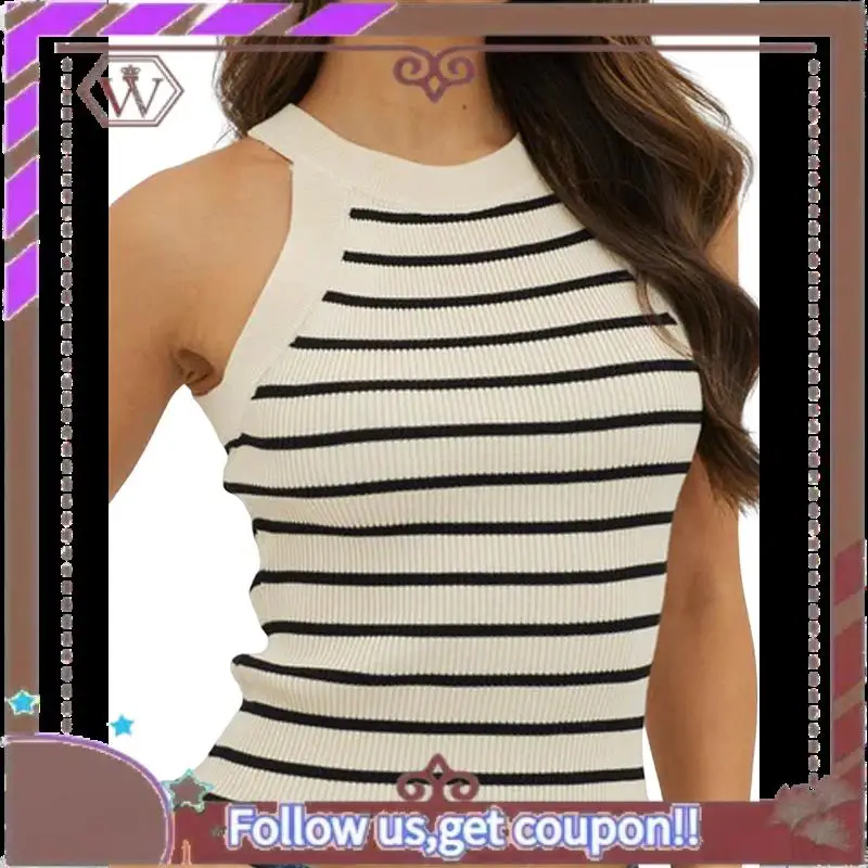 

A95D-Halter майки для женщин, летние полосатые эластичные трикотажные рубашки на бретельках, облегающие рубашки