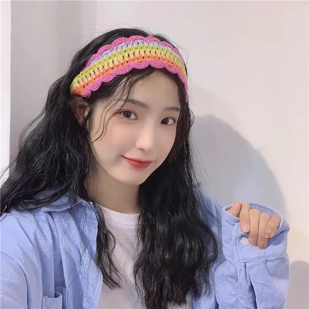 

Rainbow Color Knitted Wool Headband Handmade Hollow Sports Outdoor Seaside Hairband for Women
