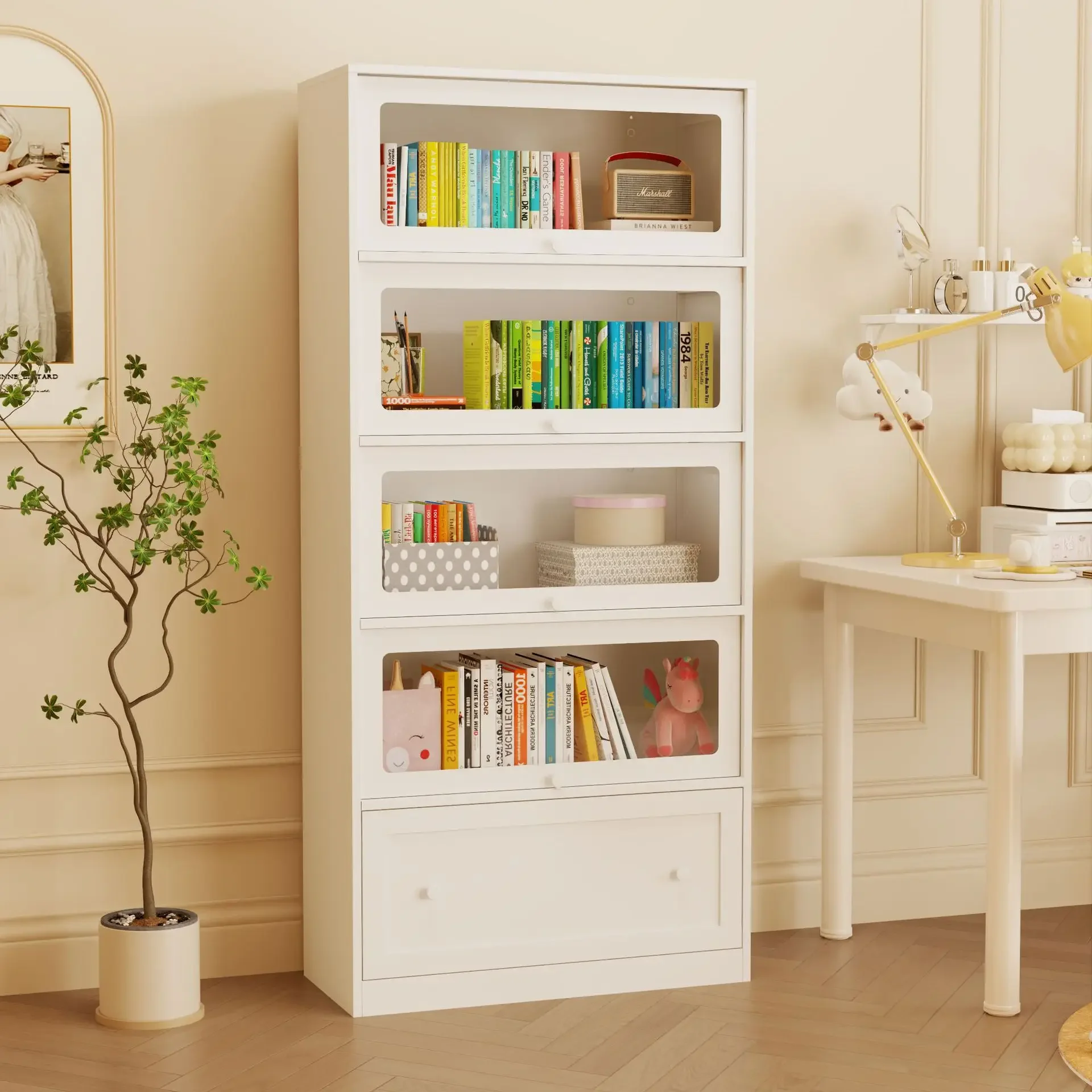 

Modern White Bookshelf Shelf Floor Multi-layer Household Glass Bookcase Living Room Storage Iron Shelf Steel Student Bookcase