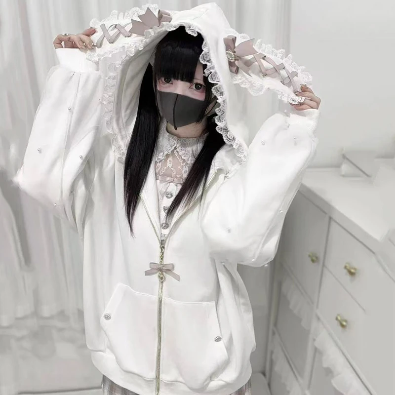 Kawaii Rabbit Ear Hoodies Lolita Jacket Bow Girls Pearl Jk Japan Lace Zipper Y2K Cardigan Long Sleeved Top Hoodie Festival Gift