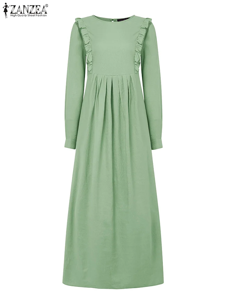 

2025 ZANZEA Fashion Women Long Sleeve Muslim Dress Autumn Maxi Long Dresses Turkey Abaya Robe Femme Solid Flounce Work Sundress