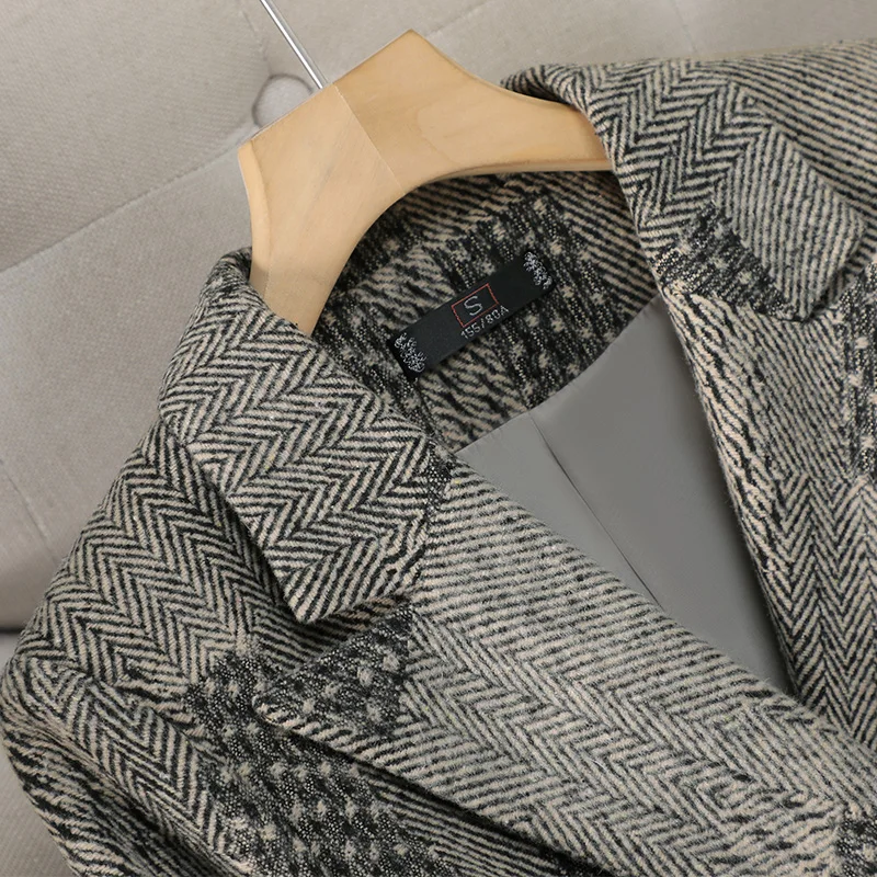 الخريف الشتاء خمر رمادي المرقعة 2024 المرأة أنيقة زر طويلة الأكمام السترة معطف عالية الخصر بانت قطعتين مجموعة الاتجاه الجديد