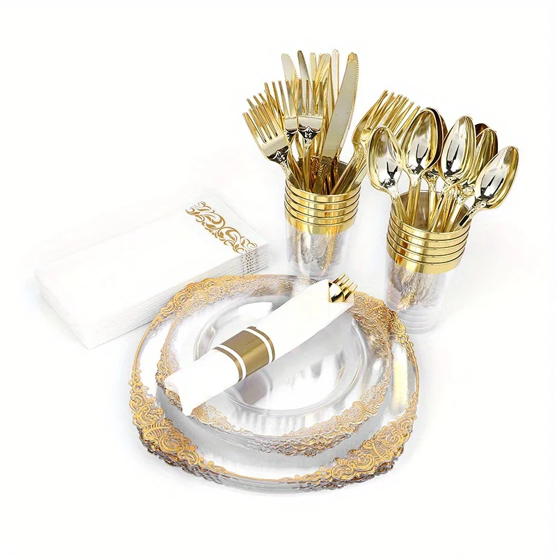 4Pcs Transparent Golden Disposable Tableware Golden Cutlery Plates Cups Forks Knives Napkin Birthday Wedding Home Party Decor