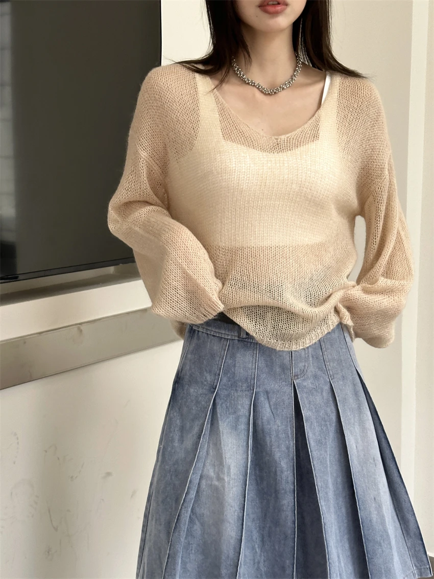 Wool Soft and Glutinous Mohair Spring and Autumn Top With V-neck Thin Style Slightly Transparent Lazy Sweater Knitted Sweater