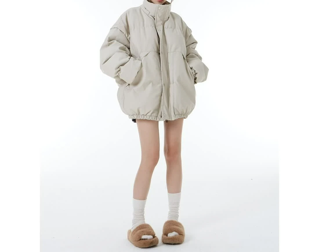 

Premium Sense Stand-up Collar Basic Leather Jacket Cotton Clothing Autumn and Winter New Loose Thickened Cotton Jacket