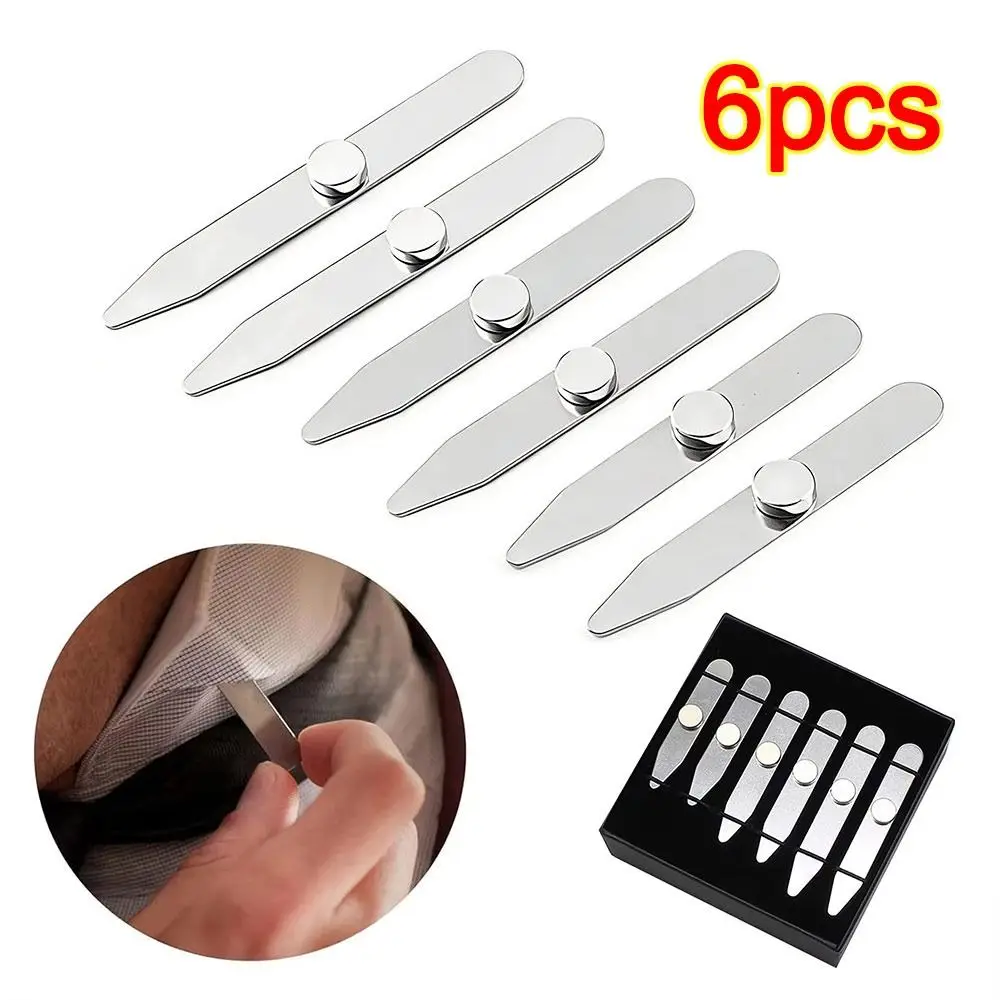 6Pcs Durable Stainless Steel Collar Stays Magnetic with Box Shirt Bone Stiffener Inserts Collar Support Plate for Business Men