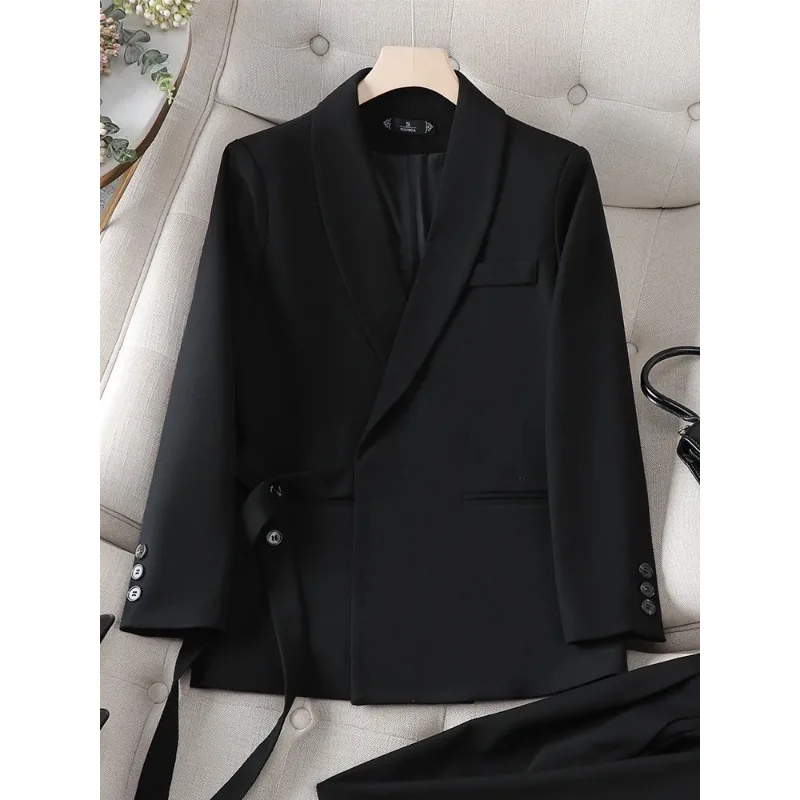 Blazer à manches longues avec ceinture pour femme, tenue de bureau, vêtements de travail, manteau de couleur unie, rose, noir, nouvelle collection