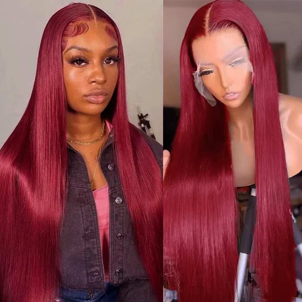 99j Burgundy Lace Front Human Hair Wig 36 Inch Straight Lace Frontal Wigs 13x6 HD Transparent Lace Colored Red Wig For Women