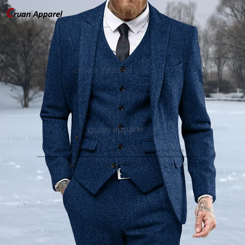 

Tweed Mens Suits Slim Fit Formal Herringbone Vintage Wedding Tuxedos for Men Casual Business Men Jacket Vest Pants 3 Pieces Set