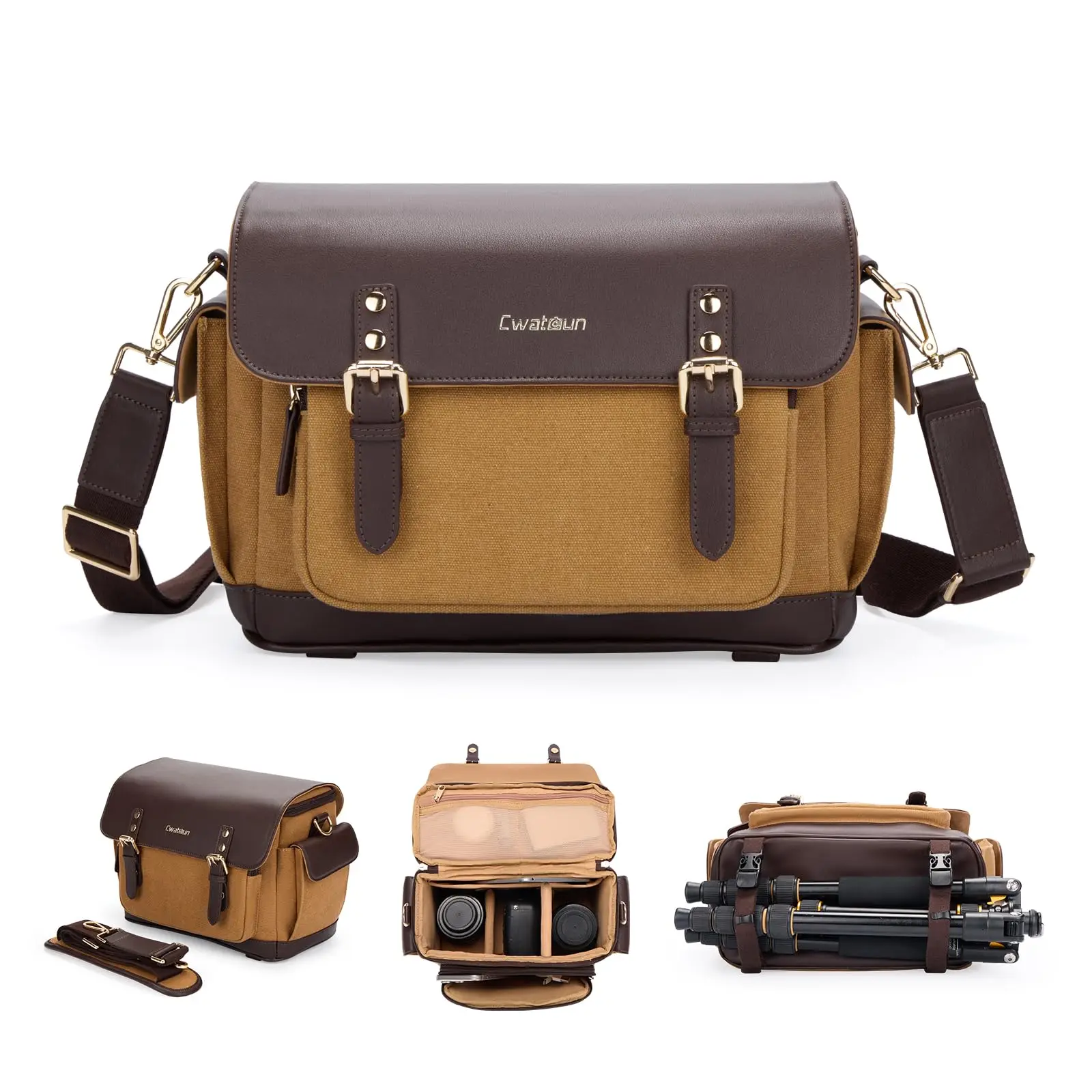 حقيبة كتف للكاميرا، حقيبة ساعي البريد للكاميرا ذات رفرف جلدي عتيق، حقيبة تصوير DSLR/SLR/بدون مرآة مع حامل ثلاثي القوائم