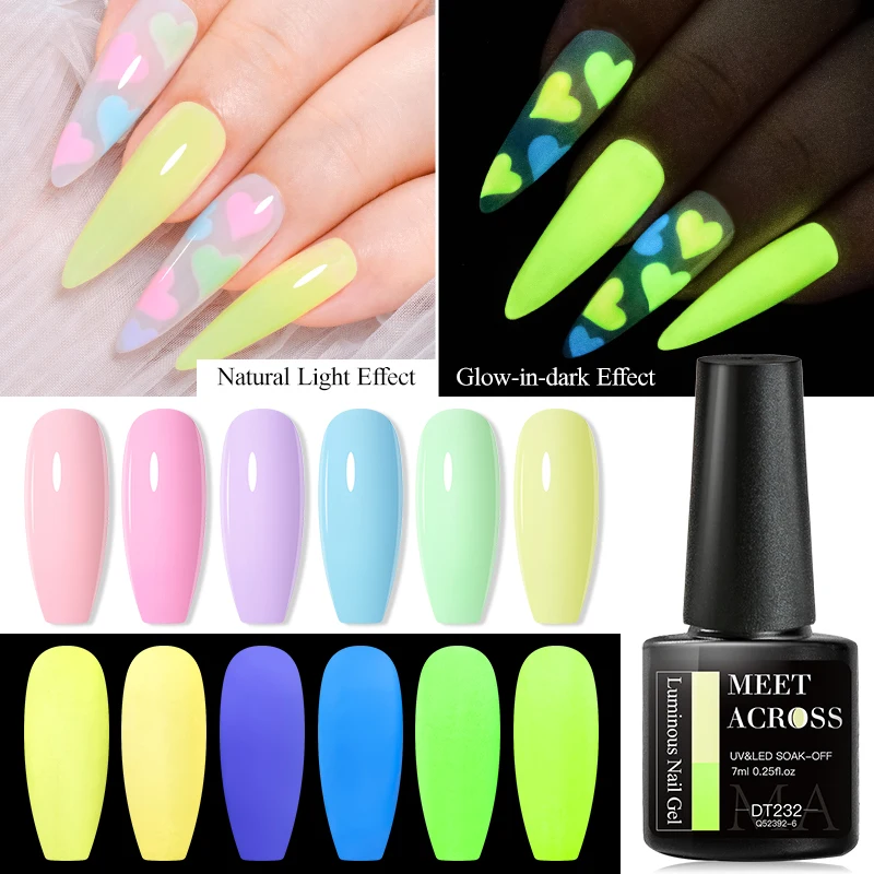 MEET ACROSS 7ml Luminous Gel Nail Polish Macaron Summer Candy Hot Colors Neon Glow-in-dark Soak Off UV LED Gel Varnish Nail Art