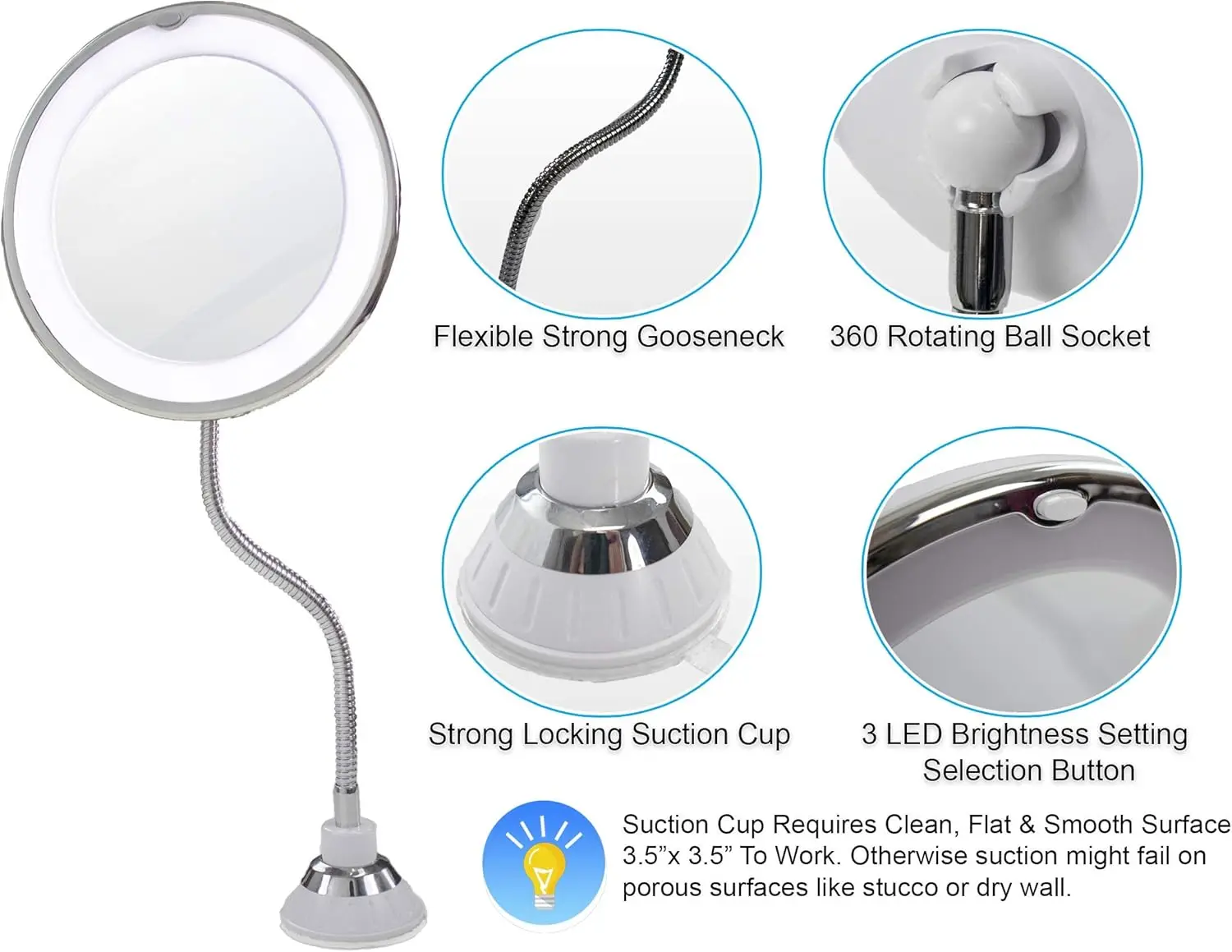 10倍拡大鏡吸盤ミラー 14個のLEDライト付き - 6.5インチ バスルームメイクアップバニティミラー 調節可能なライト付き、回転フレキシ