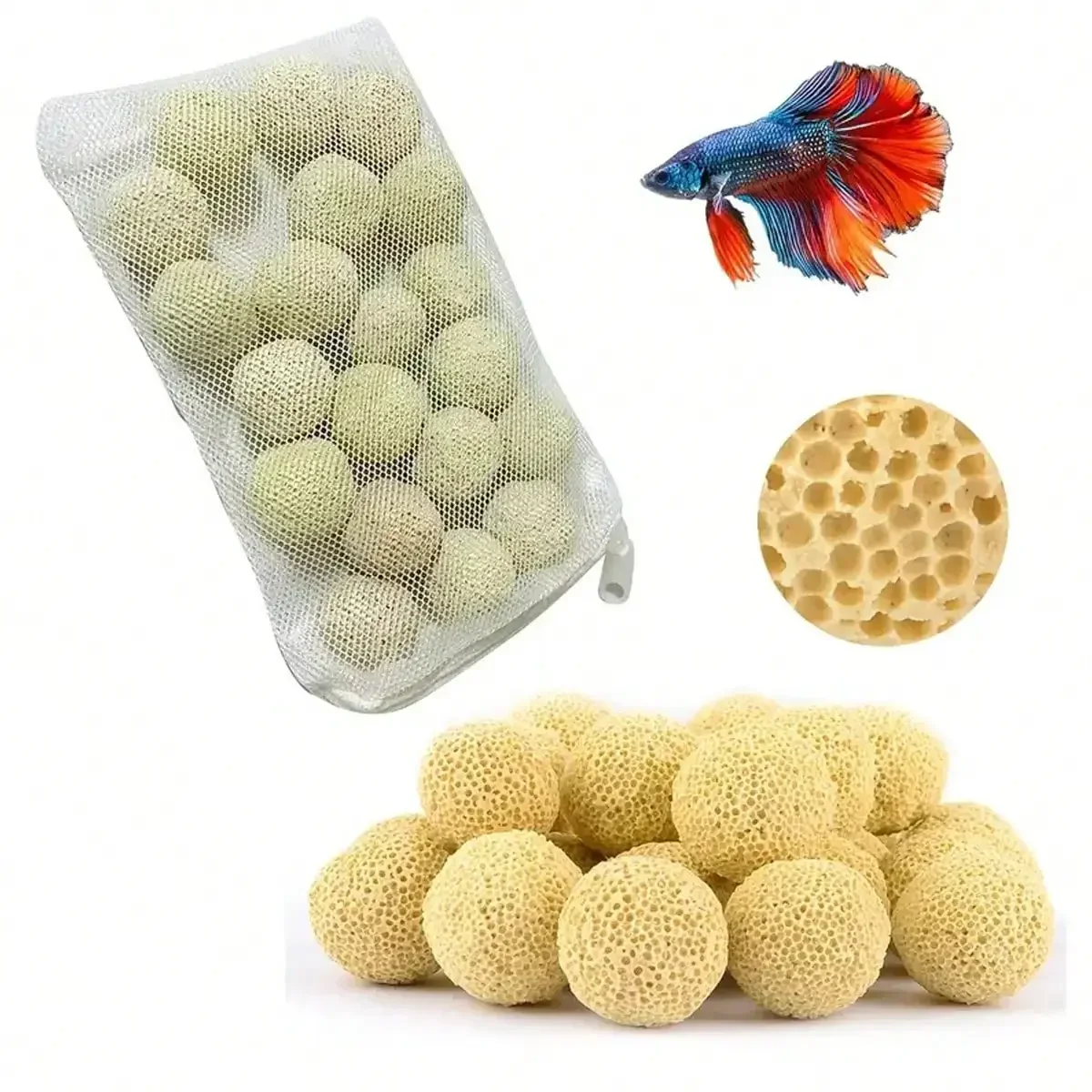 Premium Aquarium Biological Filter Balls with Deep Pores in Mesh Bag Promote Biological Activity, Maintain Aquarium Health
