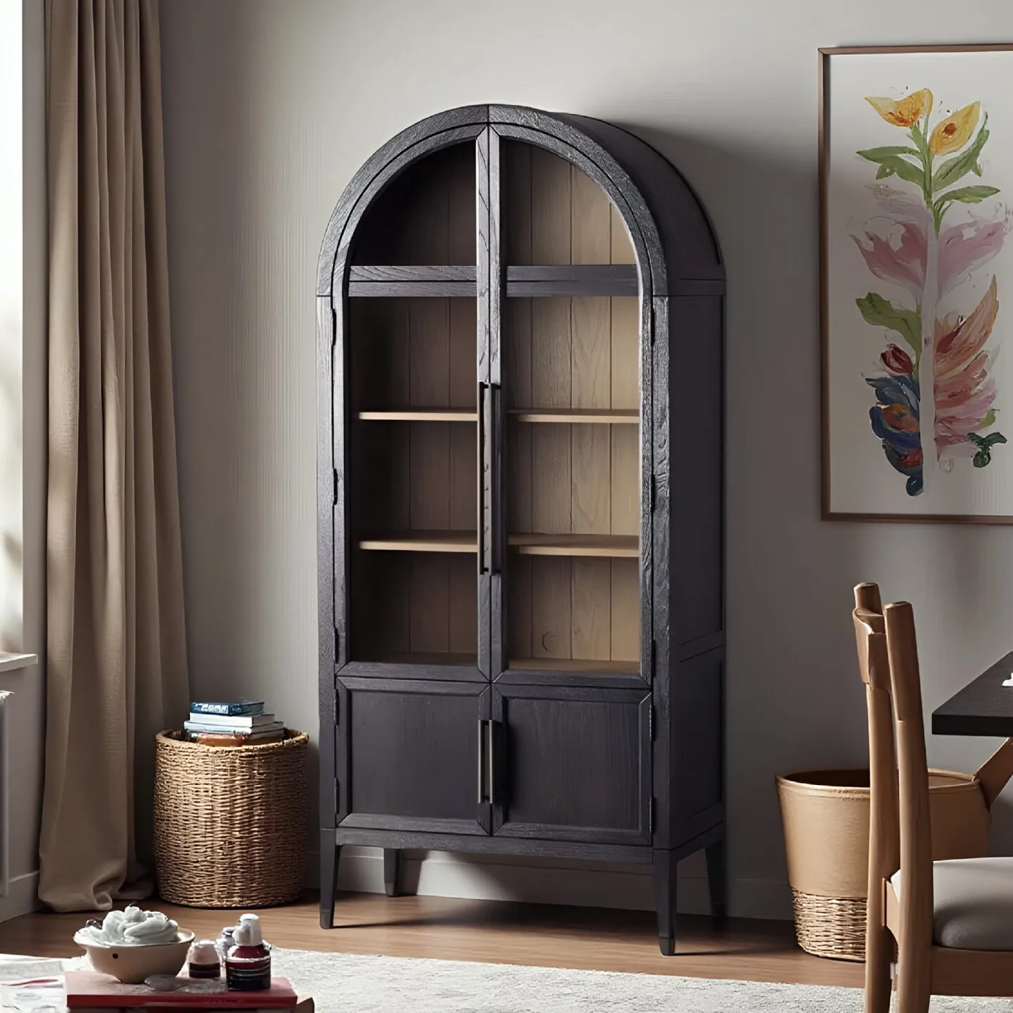 Solid wood bookcase retro wine cabnet arched glass door dining side cabinet living room display cabiet locker