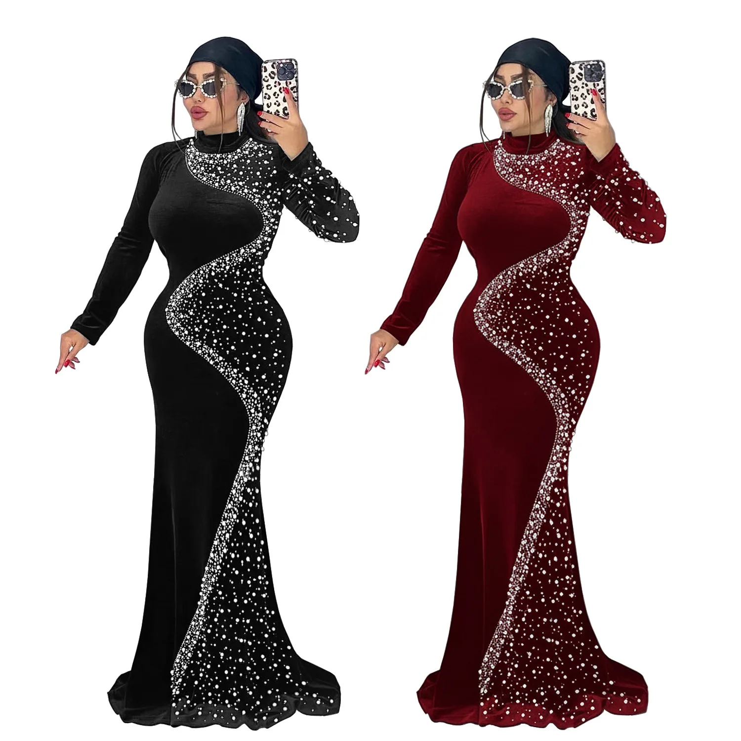 robe-longue-de-soiree-en-velours-pour-femmes-manches-longues-couleur-unie-diamant-mode-printemps-automne-2026-dashiki-vetements-africains