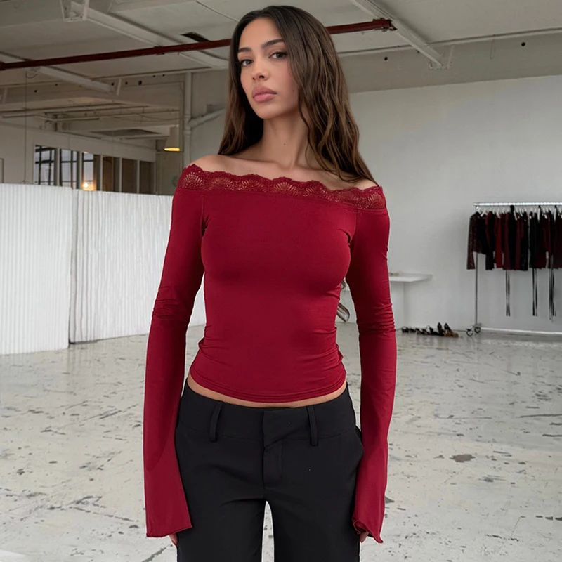 

Tornova One Shoulder Lace T shirt Women's Flare Lomg Sleeve Slim Fashion Top Hot Girl Club Party Casual Pullovers Summer Solid