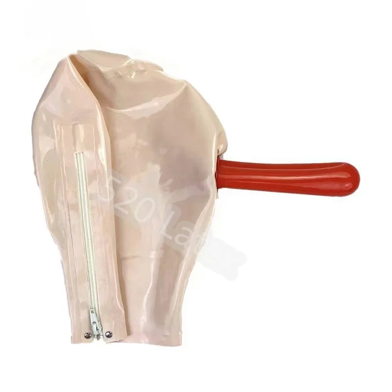 Handmade Natural Latex Rubber Gummi Mask Rubber Hood  Open Nose Hole With Red Mouth Sheath  Back Zipper Custom Made