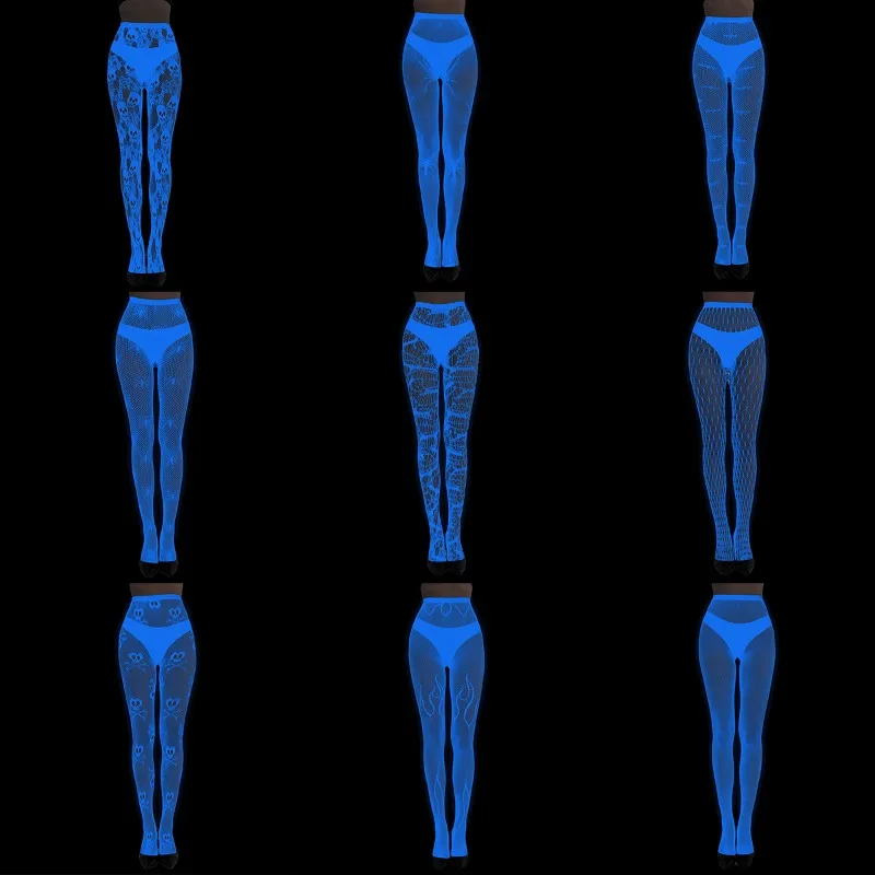 Niebieskie fluorescencyjne rajstopy z koronką, siateczkowe, przezroczyste pończochy, seksowne tatuaże, kwiatowy żakard, ażurowe skarpetki, damska odzież erotyczna.