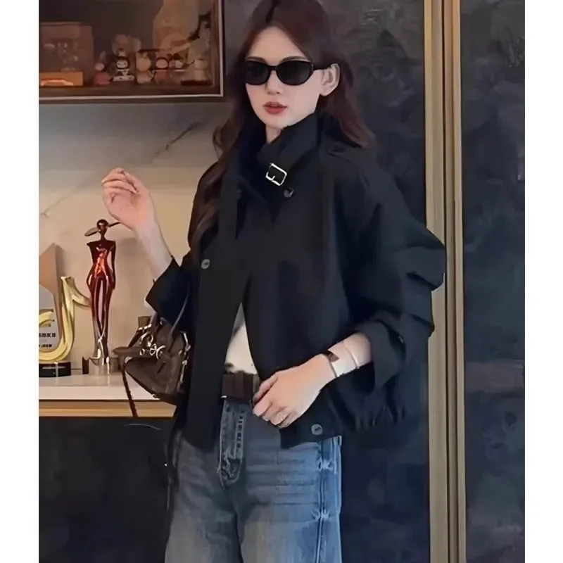 

Women's Black Stand Collar Detail Loose Bomber For Casual Street Wear