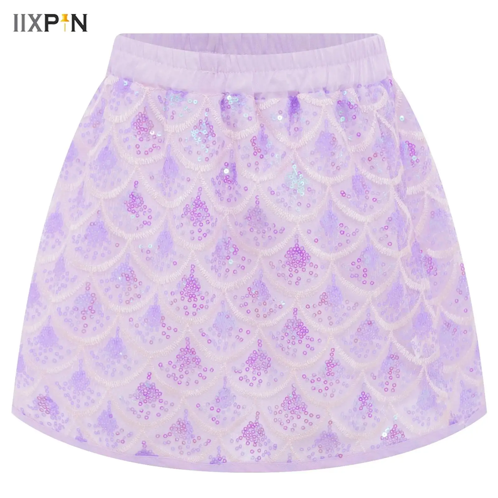 

Kids Girls Shiny Sequins Fish Scale Skirt Halloween Mermaid Cosplay Costume Elastic Waist A-line Skirts with Built-in Shorts
