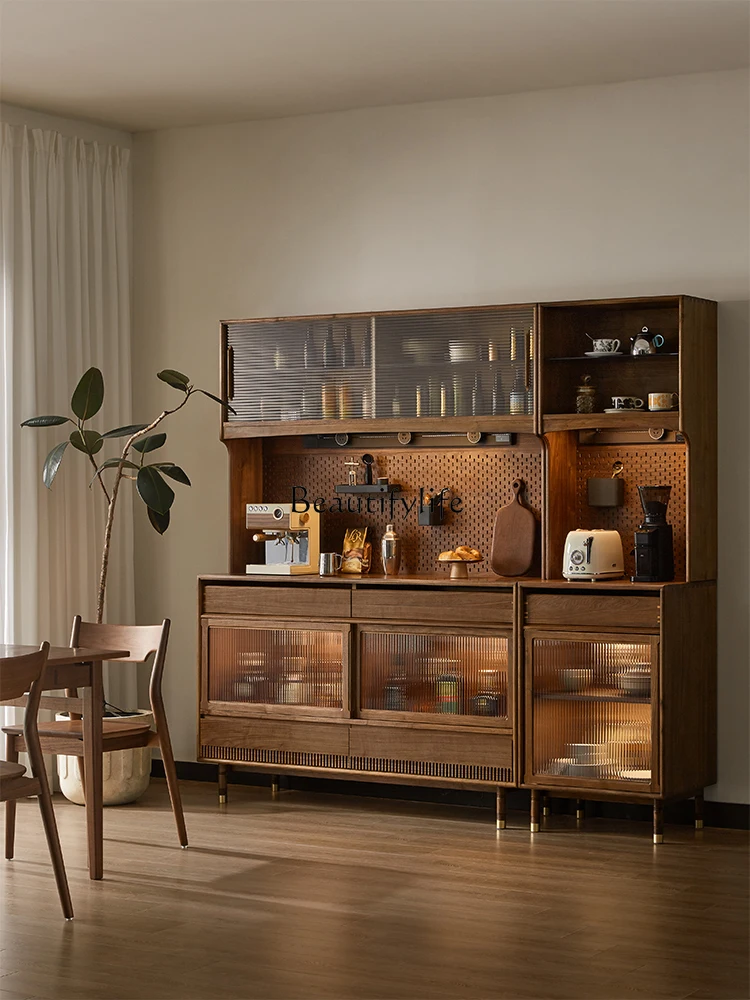 Nordic Solid Wood Black Walnut Wall-Mounted Multi-Functional Storage Display Tea Cabinet