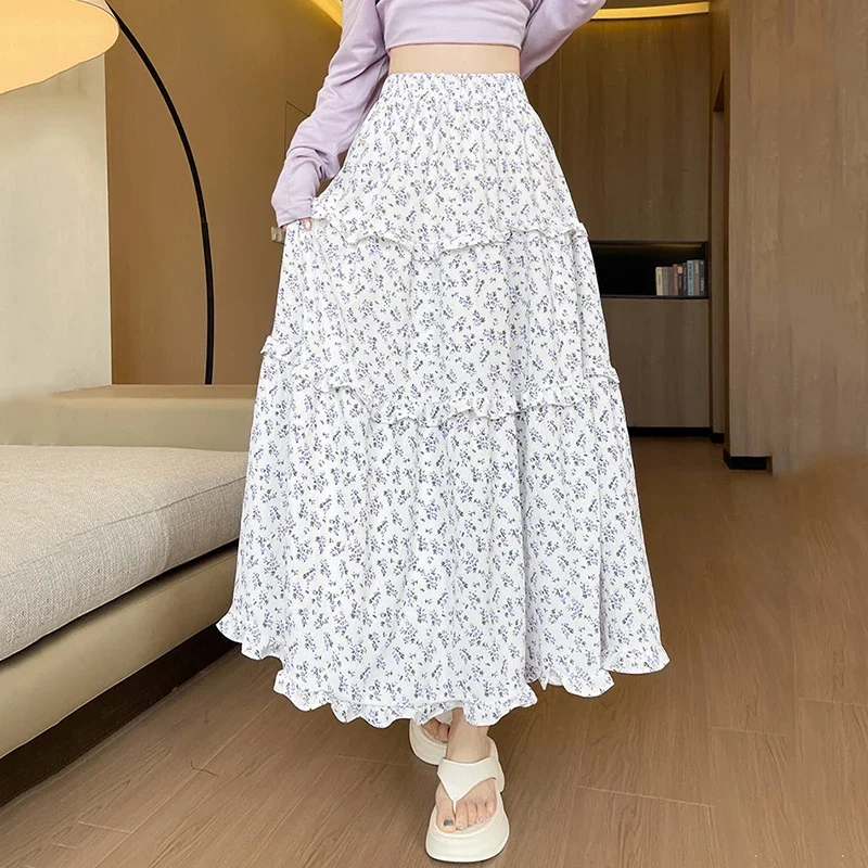 Floral Long Skirt for Women Tiered Ruffle Skirts High Waist Elastic A-Line Maxi Skirt Summer Vacation Jupe