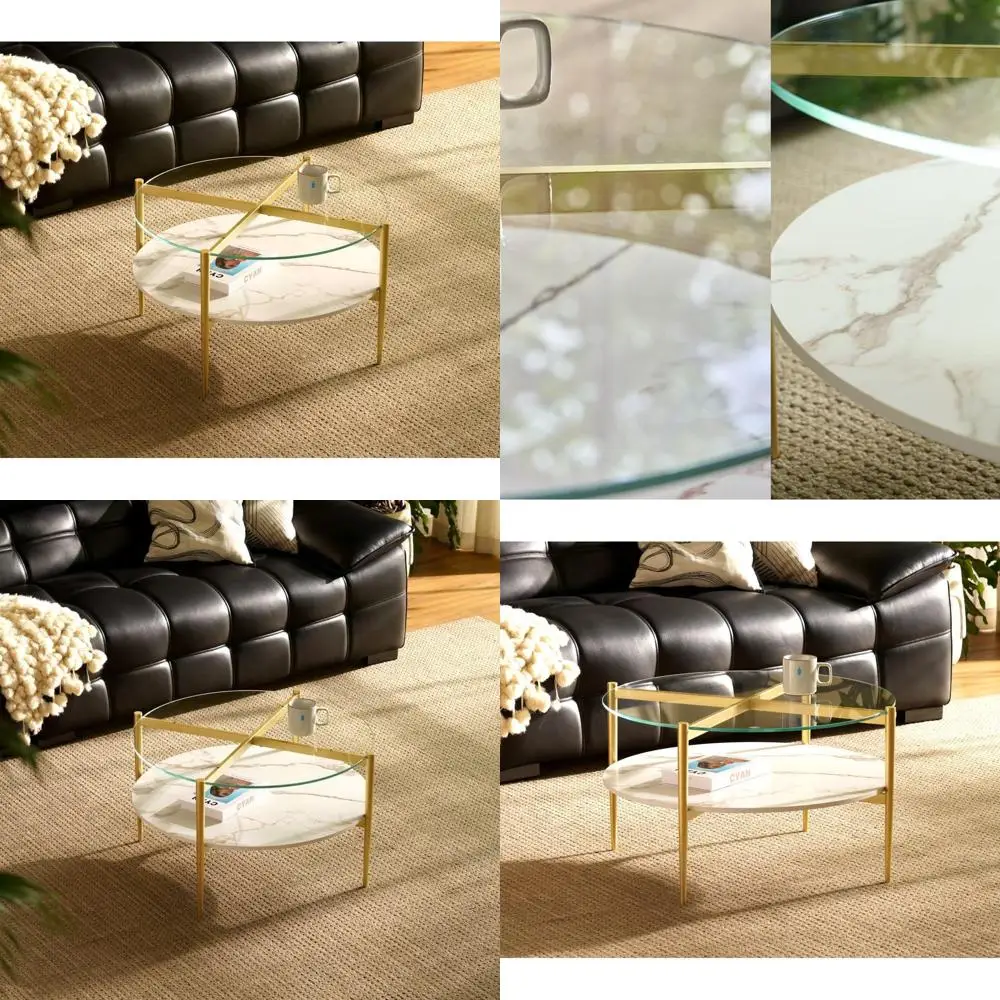 

Mid-Century Modern Round Coffee Table with Gold Legs, Tempered Glass Top and White Marble MDF Shelf for Living Room