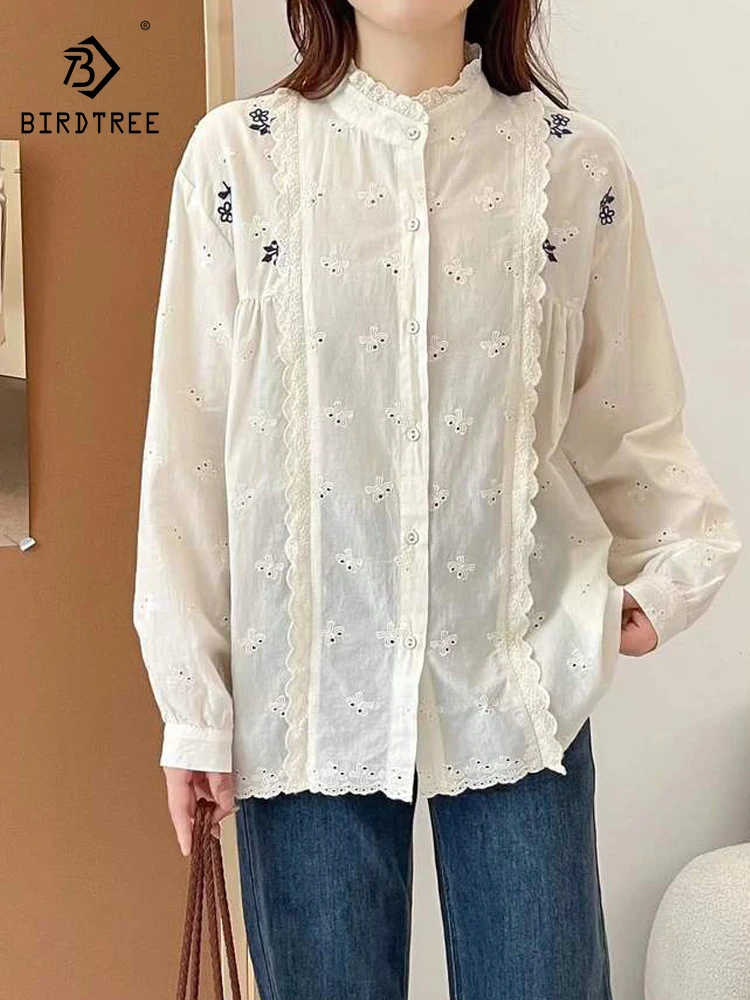 

Новая весенняя хлопковая блузка с длинным рукавом 2026 года, женская, с воротником-стойкой, оборками и вышивкой, в стиле Mori Girl, милая, омолаживающая, свободного кроя, T61417CC