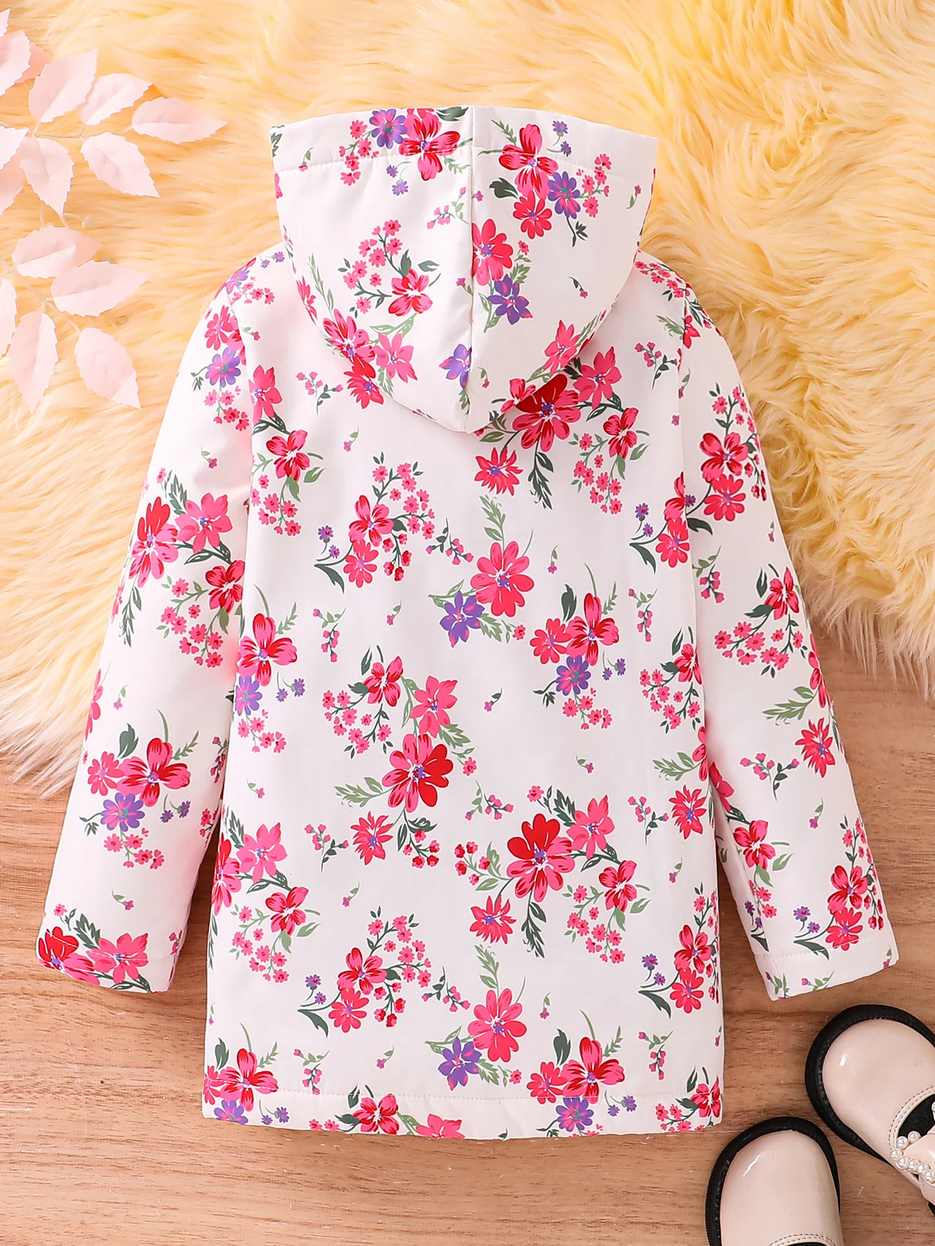 Fall/Winter Girls\' Fleece Hooded Single-Breasted Floral Print Coat Holiday School Thermal Jacket Top